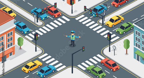 Isometric Traffic Intersection with Cars and a Traffic Officer