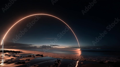 Rocket launch over the sea, viewed from a ship, dramatic aerospace scene in Mexico at dusk