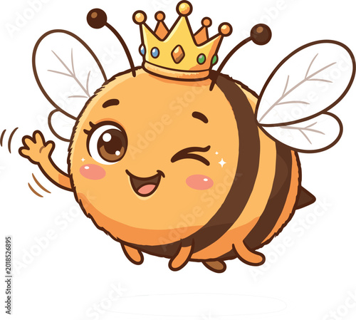 Принти на полотні Cute kawaii queen bee character wearing golden crown winking and waving for hone