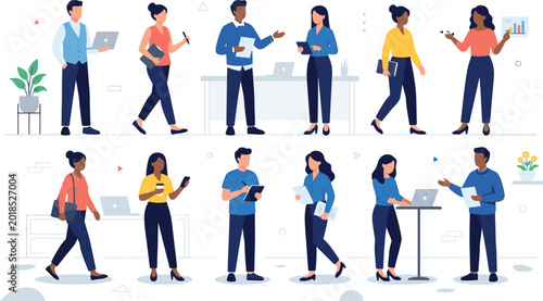 Diverse Flat Style Business Team and Office Worker Character Set with Laptop, Phone, and Documents for Corporate and Workplace Design Illustrations
