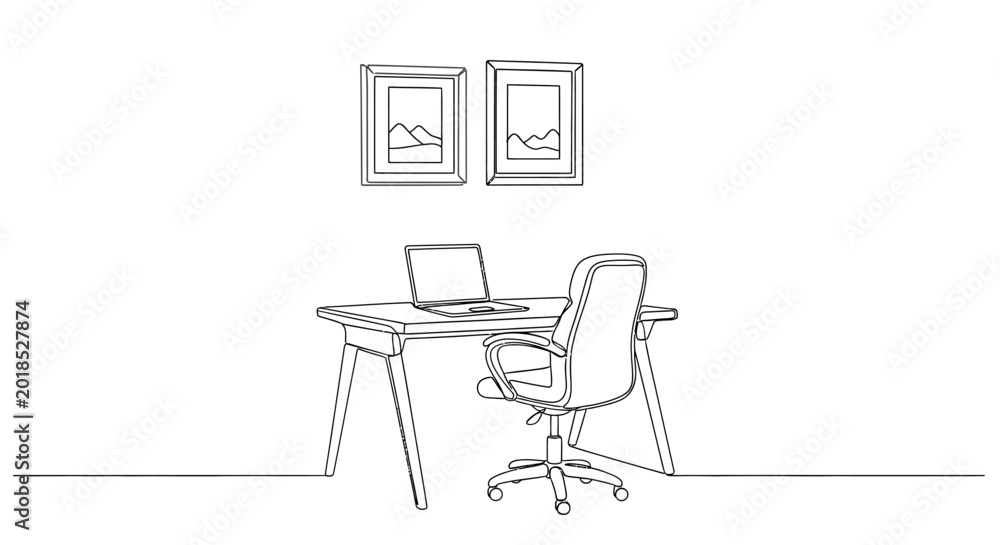 Fototapeta premium Minimalist Office Interior Line Art with Laptop and Decor