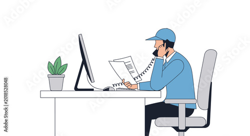 Office worker talking on phone, at desk, flat illustration