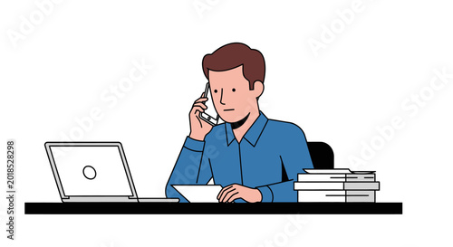 Business professional on phone call at desk, laptop, vector illustration