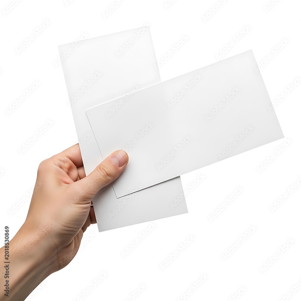 Fototapeta premium Person holds blank rectangular white paper cards against a clean white background