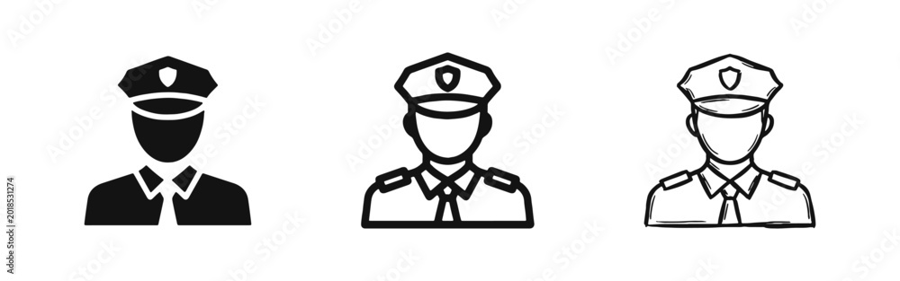 Obraz premium Police Officer Avatar Icon Set for Law Enforcement and Public Safety in Solid Outline and Hand Drawn Styles