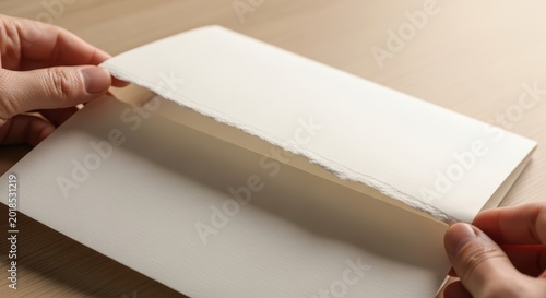 hands carefully handling a sheet of paper with textured edges on a wooden surface