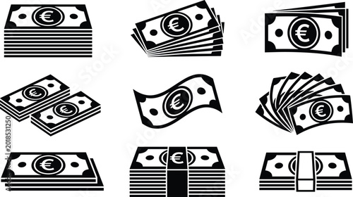 Bild auf Leinwand Euro Currency Money Icon Set with Cash Bundles, Banknotes, Financial Payment Sym