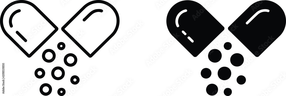 Behang Open pill capsule icons with medicine, pharmacy vector illustration