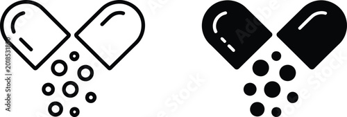 Schilderij op canvas Open pill capsule icons with medicine, pharmacy vector illustration