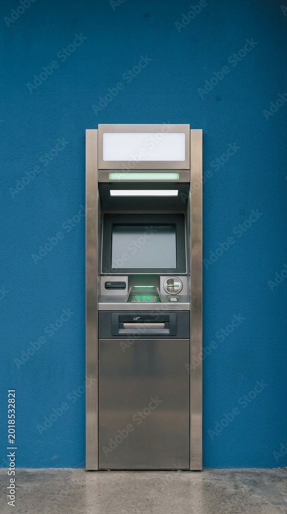 Fototapeta premium Modern ATM Machine Standing Against Vibrant Blue Wall With Sleek Metallic Finish