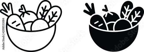 Foto Bowl of fresh vegetables icon vector illustration, vegetables icon set
