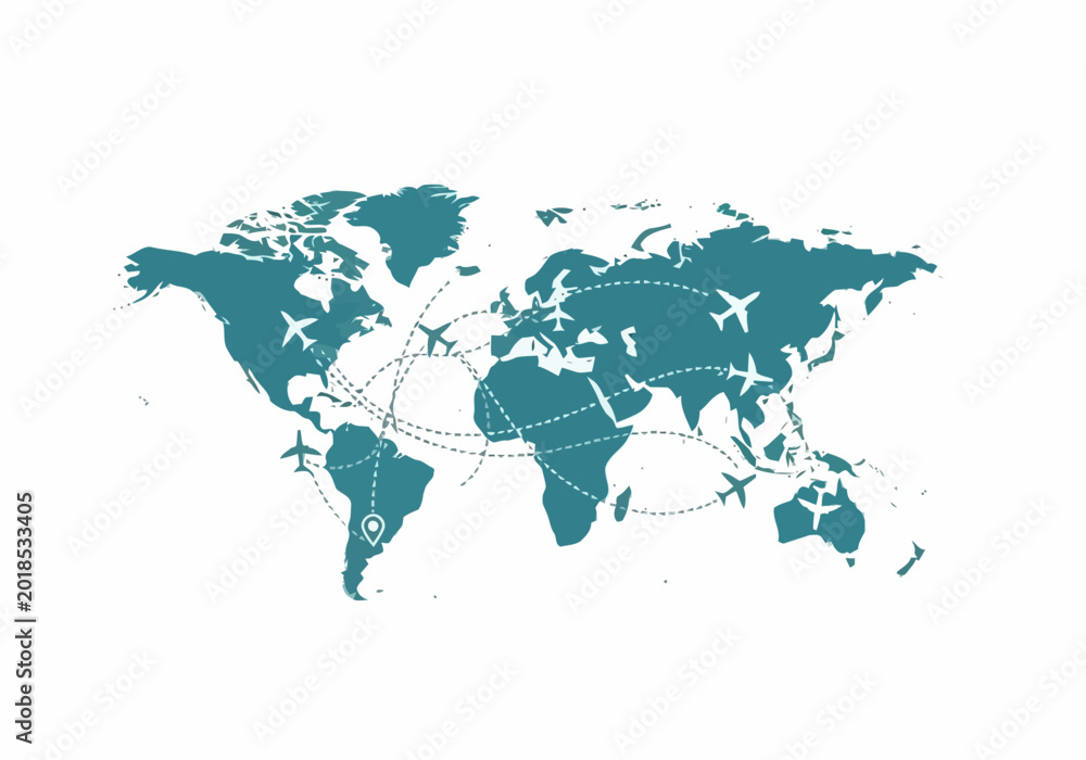 Fototapeta premium Global airline routes and flight paths across a world map.