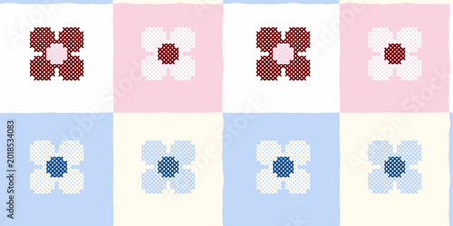 Photos Cross stitch floral pattern on a checkered pastel background featuring pink and