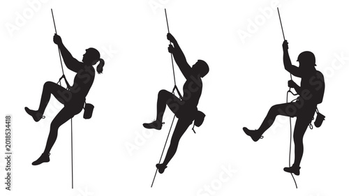 Rock climbing silhouettes set on white background with climbing silhouette activity adventure challenge