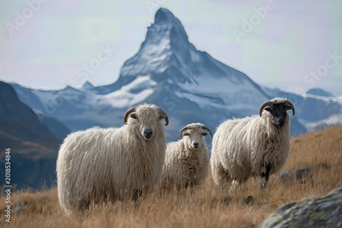 Valais Blacknose sheep in the Swiss Alps landscape