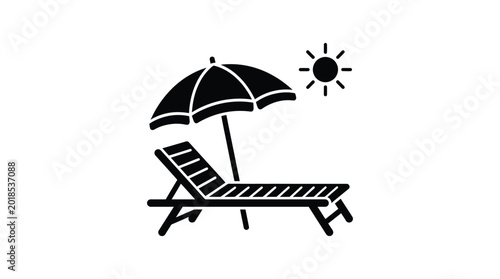 Foto Beach chair and umbrella silhouette with sun icon on white background silhouette