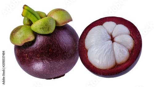 Photos Whole and Cut Purple Mangosteen Fruit with Green Stem and Segments