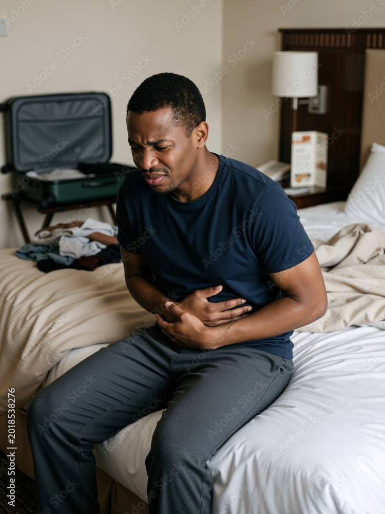 Fototapeta premium Black man traveler clutching stomach in pain while sitting on hotel bed. Food poisoning and travel health issues vertical banner