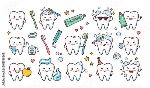 Fotografía Cute cartoon teeth vector set funny dental doodles with toothbrush and toothpast
