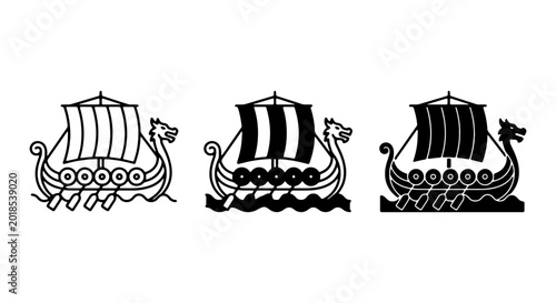 Foto Viking longship vector icons, ancient Norse Drakkar ship, historical sailing ves