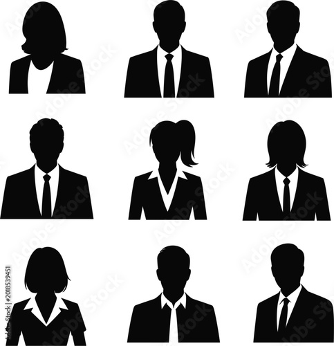 Photos Black silhouettes of diverse business people in suits and blouses, representing