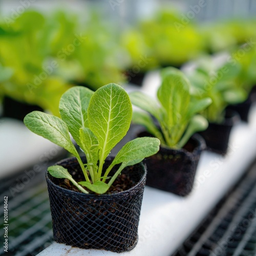 Young Lettuce Seedlings in Black Mesh Pots on a Hydroponic System
