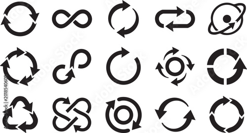 Set of circular arrow and infinity loop icons for process and recycling.