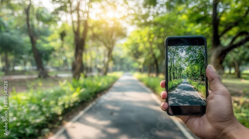 Person captures a photo of a scenic walking path in a lush green park using a smartphone.