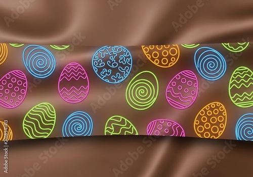 Stylized holiday egg pattern glows with neon outline against a rich brown fabric background