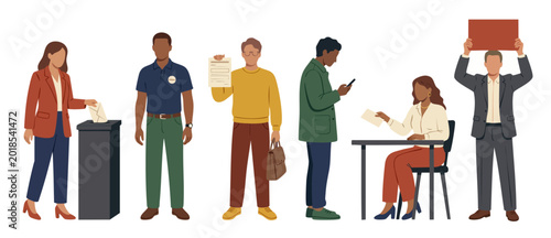 People Voting and Election Participation Set, Diverse Characters Casting Ballots at Polling Station, Group of Citizens Engaging in Democracy and Political Activism Flat Vector Illustration Isolated on