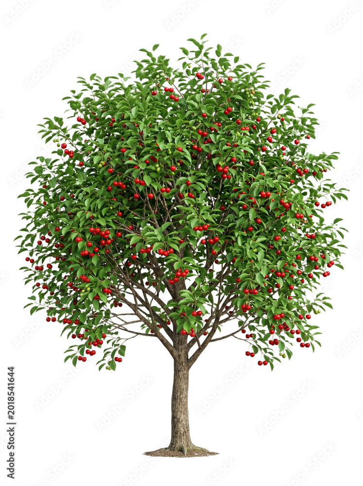 Fototapeta premium Lush Berry Fruit Tree with Green Leaves Isolated on White Background