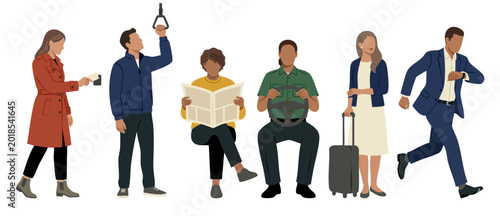 Schilderij op canvas Diverse people commuting set, group of people traveling, standing, sitting, driv