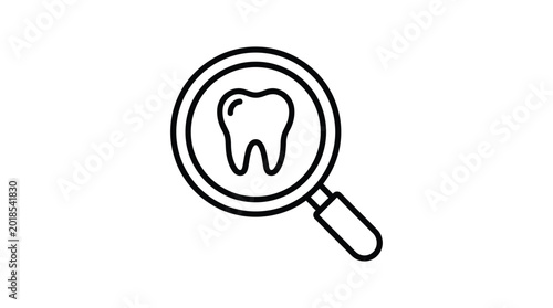 Magnifying glass examining a tooth black line art silhouette high quality professional detailed