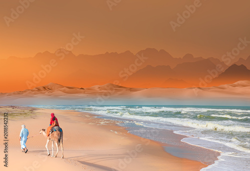 Sahara desert with Atlantic ocean meets -  A woman in a red turban riding a camel across the thin sand dunes of the in Western Sahara Desert, Morocco, Africa
