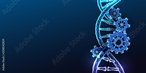 Bild auf Leinwand Gene therapy and genetic engineering concept with DNA helix and gears on dark blue background