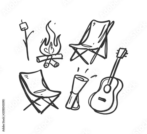 Hand Drawn Camping Doodles Set with Campfire Guitar Folding Chairs