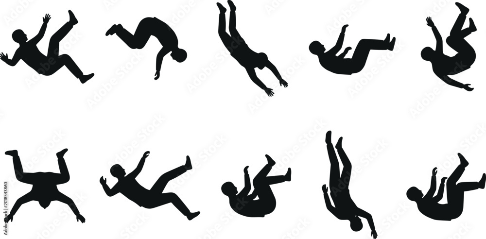 Obraz premium Human Figure Falling Down Action Silhouette Collection Vector Illustration Set Featuring Various Dynamic Poses of Person Falling, Tripping, Dropping and Tumbling in Black Shadow Style