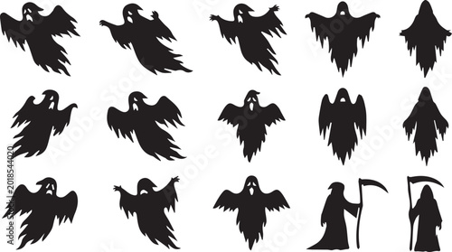 Schilderij op canvas Spooky Ghost and Grim Reaper Halloween Silhouette Set