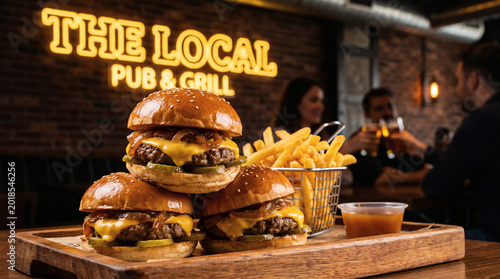 Gourmet cheeseburgers with fries on a wooden tray in a cozy pub
