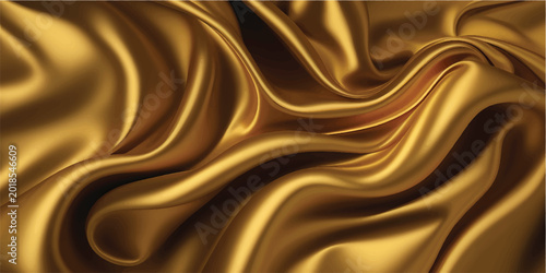 Elegant gold silk and satin fabric creates a luxury background with smooth flowing waves and a shiny textile texture perfect for an elegant drapery backdrop
