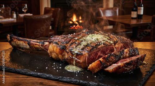 Grilled tomahawk ribeye steak with melting herb butter and steam