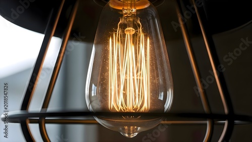 Electric light bulb hanging from ceiling providing simple industrial illumination for room and modern domestic interior space