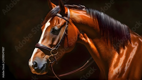 Portrait of brown horse with leather bridle on head for equestrian sports and horse riding activity in farm or ranch setting
