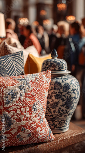 Styled furniture corner in a showroom featuring locally inspired textiles decorative objects and shoppers in regionally influenced clothing