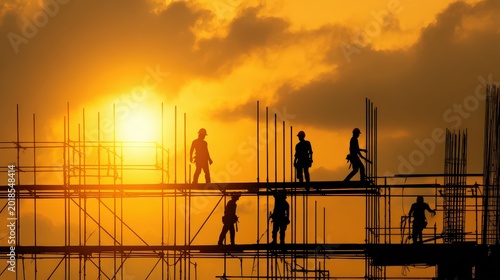 Construction workers labor on scaffolding at a building site during a vibrant sunset.