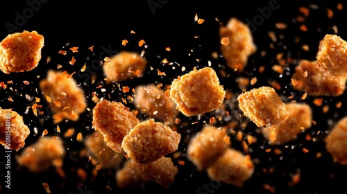 Crispy golden chicken popcorn bites float midair against a black background.