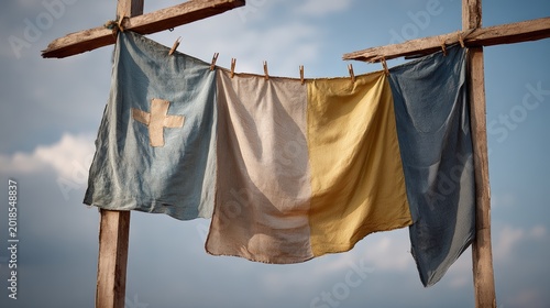 Faded fabric panels hang from a rustic wooden crossbeam against a cloudy sky.