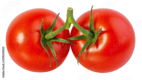 Fotografi Pair of ripe red tomatoes with green vine and leaves