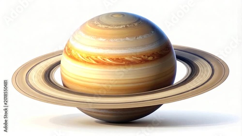 A photorealistic rendering of a celestial body with prominent, concentric ring system. A solitary planet