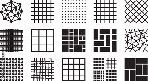 Geometric grid patterns and network mesh structures icon collection.